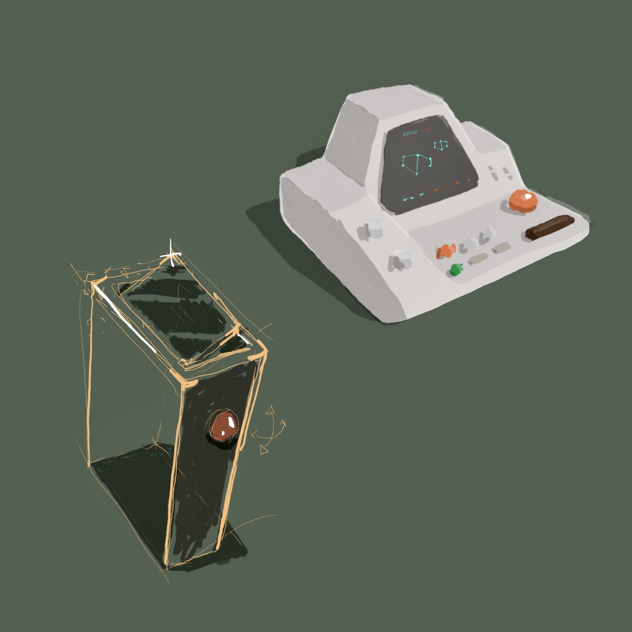 Two enclosure sketches: a low desktop wedge and an upright podium form.